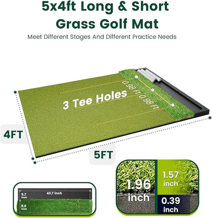 Golf Hitting Mat with Ball Tray 5x4ft - 6x4ft Dual-Turf Practice Mat for Indoor & Outdoor Use Golf Training Mat with Rubber Tee Holes, Suitable for Swing Driving & Chipping