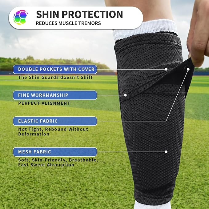 Kids Youth Soccer Shin Guards with Sleeves, Slip in Shinguards Soccer Shin Pads for 3-15 Years Old Boys Girls Child Teens