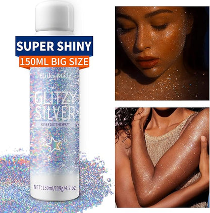Hair Glitter Body Glitter Spray, 150ML Glitter Hairapray Holographic Silver Glitter Spray for Hair and Boday, Hair Glitter for Kids Women, Body Shimmer Festival Makeup 4.2 Fl Oz