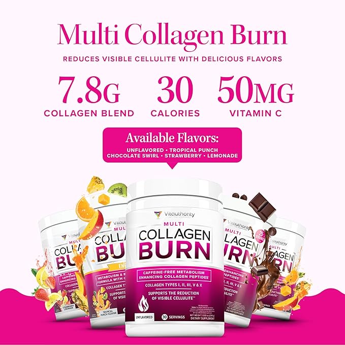 Hydrolyzed Collagen Peptides Powder for Women - Slimming MultiCollagen Burn Ultimate Beauty Complex with Hyaluronic Acid Vitamin C & Types I II III V and X for Women Tropical Punch 30 Servings