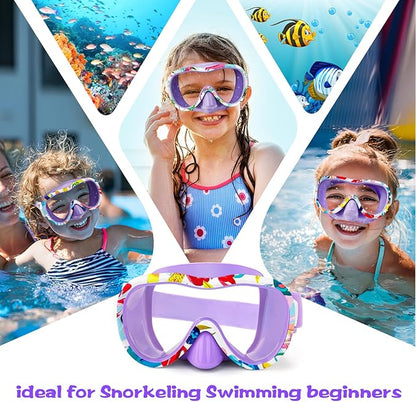 Kids Swim Goggles with Nose Cover, 180° Panoramic Snorkel Mask with Anti-Fog & Anti-Leak Design, Comfort Fabric Strap UV Protection Lens for Boys Girls Ages 3-15