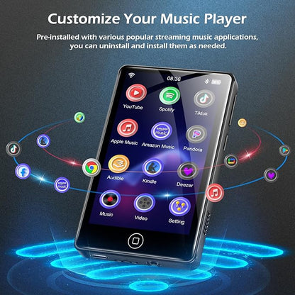 128GB MP3 Player with Bluetooth and WiFi, Android 14, 4GB RAM Portable HiFi Lossless, MP3 & MP4 Player for Kids with 4" Touchscreen, Music Player with Spotify, Amazon Music, Pandora, Play Store, Black