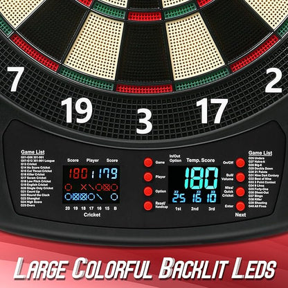 Electronic Dart Board, Soft Tip Dartboard Set 40 Games, 427 Variants Digital Electric Dart Boards with Colorful LED, 6 Darts, 100 Tips, Power Adapter