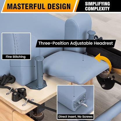 Foldable Wooden Pilates Reformer Machine with Ultra-Fiber Leather Seat, Oak Frame, Adjustable Resistance, Full-Size for Heights 4’ to 5’9”, Home and Studio Use, 480lbs Capacity