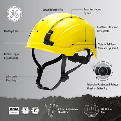 GE Safety Helmet: ANSI Type 2 Class G & E, Advanced Impact Technology, Ultra Comfortable Memory Foam, Heat Stress Reduction, Compatible with Accessories, Adjustable Size OSHA Approved