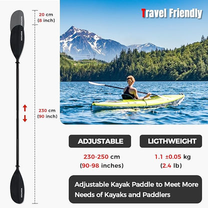 Kayak Paddles with Alloy Shaft and PP Blade, Floating Kayaking Oars, Adjustable 230-250 cm/90-98 Inches, 210-230 cm/82-90 Inches