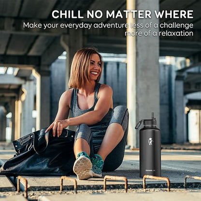 Insulated Water Bottle 87 oz with Straw, Coolflask 2/3 Gallon Stainless Steel Metal 3 Lids Large Water Jug for Sports or Office, Non-BPA Keep Cold Up to 48 Hrs or Hot Up to 24 Hrs, Magic Black