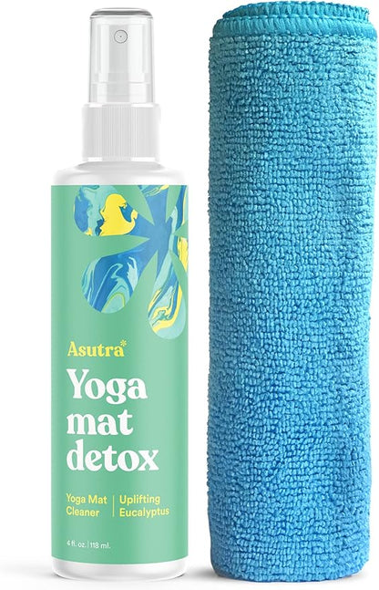 ASUTRA Yoga Mat Cleaner Spray (Uplifting Eucalyptus), 4 fl oz - No Slippery Residue, Organic Essential Oils, Deep-Cleansing for Fitness Gear & Gym Equipment, Microfiber Towel Included