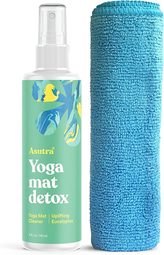 ASUTRA Yoga Mat Cleaner Spray (Uplifting Eucalyptus), 4 fl oz - No Slippery Residue, Organic Essential Oils, Deep-Cleansing for Fitness Gear & Gym Equipment, Microfiber Towel Included