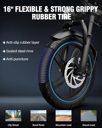 2 Seater Electric Bike for Adults,Mini Bike 500/750 Motor,28MPH,48V/15AH Removable Battery,25-30Miles 16" Fat Tire Commuter Ebike,Full Suspension Foldable Electric Bicycles for Adults Teens