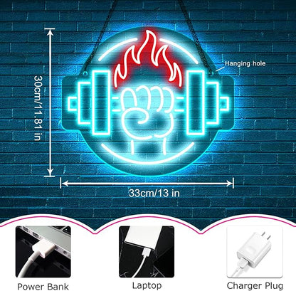 Gym Led Neon Sign- Gym Neon Light Dumbbell Sign for Home Gym Fitness Club Boy's Room Sports Room Decor Neon Light Fitness Club Neon Signs for Wall Art Birthday Gift 5V(13 * 11.81 Inch)