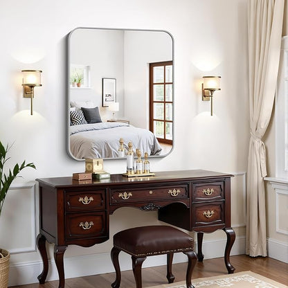 FORBATH 30x36 Inch Silver Bathroom Mirror for Over Sink, Large Rectangular Wall Mirror with Metal Frame, Rounded Corners for Bathroom, Bedroom, Entryway Decor (Horizontal or Vertical)