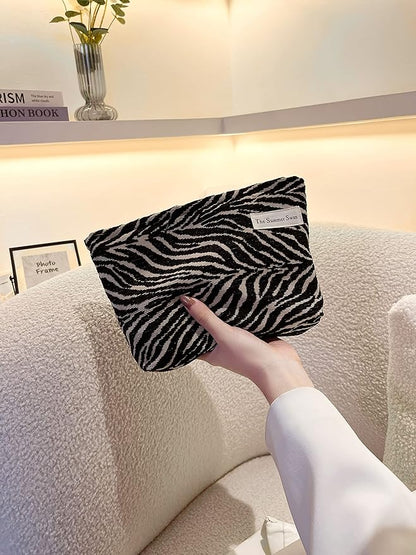Large Floral Velvet Zebra Print Makeup Bag for Women