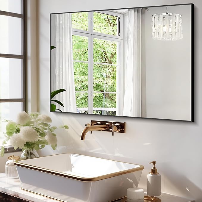 30x48 Inch Black Bathroom Mirror for Wall, Aluminum Frame Rectangle Rectangular Vanity Mirror, Modern Large for Bedroom, Living Room, Horizontal or Vertical