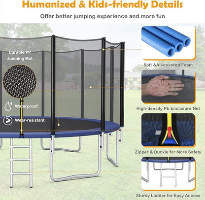GYMAX Trampoline, 8FT 10FT 12FT 14FT 15FT 16FT Recreational Trampolines w/Safety Enclosure Net & Ladder - ASTM Certificated, Outdoor Trampoline for Kids and Adults
