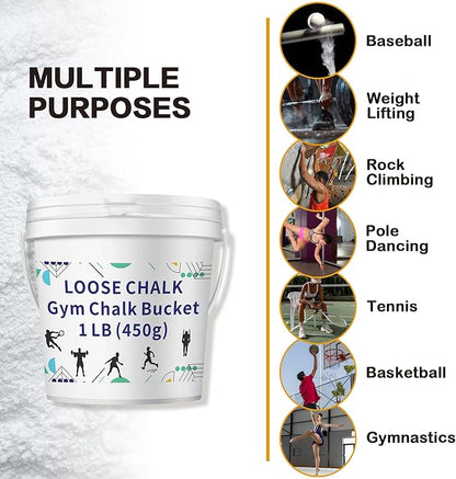 1 LB Loose Gym Chalk Bucket - Premium Powder Chalk with Empty Chalk Bag & Spoon, Multi-Purpose for Weightlifting, Gymnastics, and Workouts
