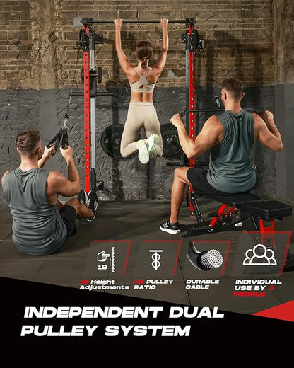 Folding Power Rack, Wall Mounted Squat Rack with Dual Independent Pulley System, Multi-Function Power Cage with 5 Adjustable Function Modes, Power Rack Trainer for Space Saving Home Gym