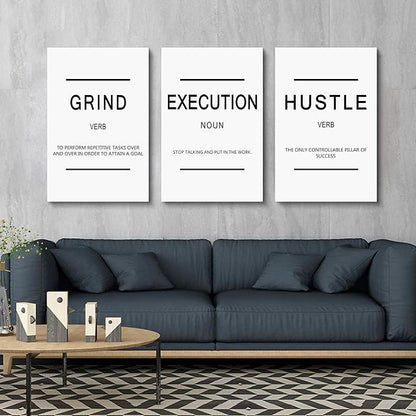 Framed Canvas Wall Art Success Quote, Office Wall Art, White Large Poster, Positive Motivational Set of 3 Prints, Grind Execution Hustle Poster, Inspirational Print