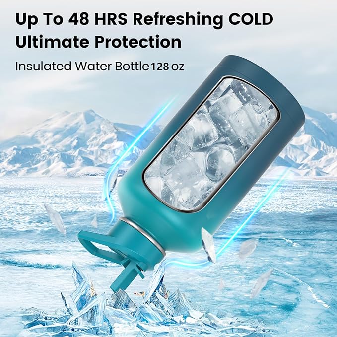 Insulated Water Bottle 128 oz, Triple Wall Vacuum Stainless Steel(Cold for 48 Hrs),Leak Proof & BPA-Free,One Gallon Water Bottle with Reflective Paracord & Flip Straw for Sports & Travel, CyanBlue