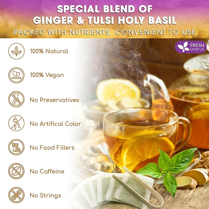 FreshDrinkUS, Premium 35 Ginger Tulsi Tea Bags, 100% Natural, Hand-made Blend of Ginger and Tulsi Holy Basil Leaves, Eco-conscious Tea Bags. Ginger Tulsi Herbal Tea. No Sugar, No Caffeine, Vegan.