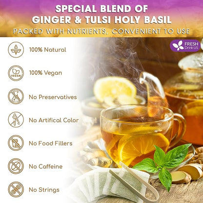 FreshDrinkUS, Premium 35 Ginger Tulsi Tea Bags, 100% Natural, Hand-made Blend of Ginger and Tulsi Holy Basil Leaves, Eco-conscious Tea Bags. Ginger Tulsi Herbal Tea. No Sugar, No Caffeine, Vegan.