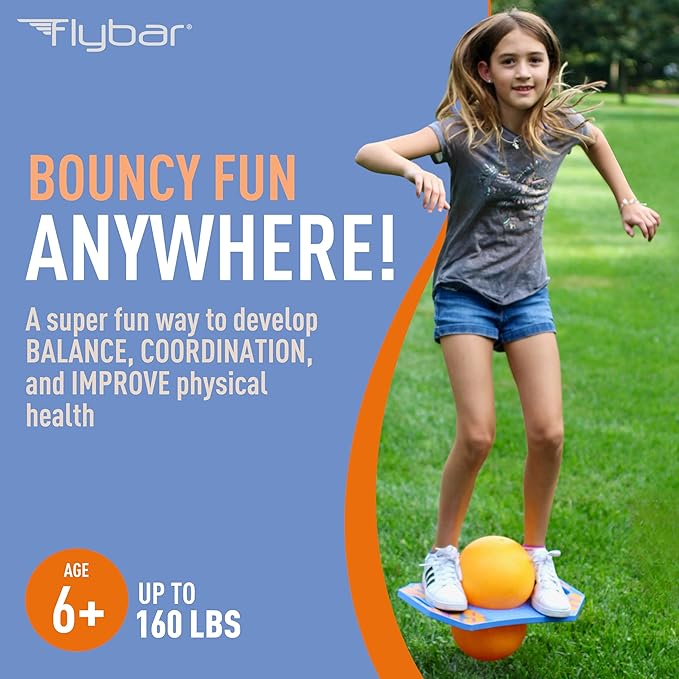 Flybar Pogo Trick Ball for Kids, Bounce Board for Boys and Girls Ages 6+, Up to 160 lbs, Includes Pump, Easy to Carry Handle, Durable Plastic Deck Indoor, Outdoor Toy Pogo Jumper,