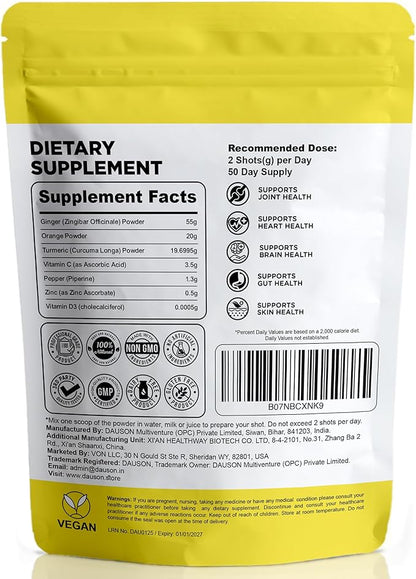 Ginger Turmeric Supplements with Piperine, Orange, Vitamin C, Vitamin D3 & Zinc | Ginger Turmeric Shots for Joint, Heart, Brain, Gut & Skin Health | 100 Servings | Ayurvedic | Powder