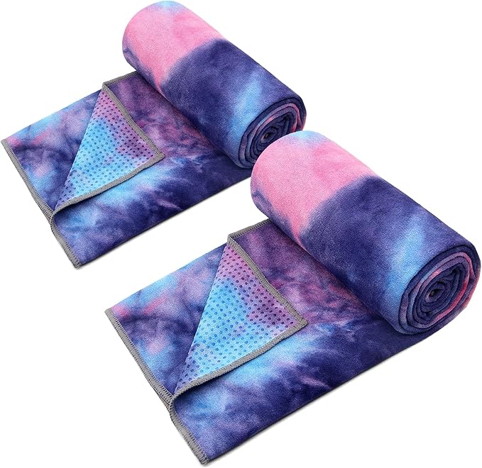 Eunzel 2 Pack Yoga Towel,Hot Yoga Mat Towel with Grip Dots Sweat Absorbent Non-Slip for Hot Yoga, Pilates and Workout 24" x72，Purple & Blue (2 Pack)