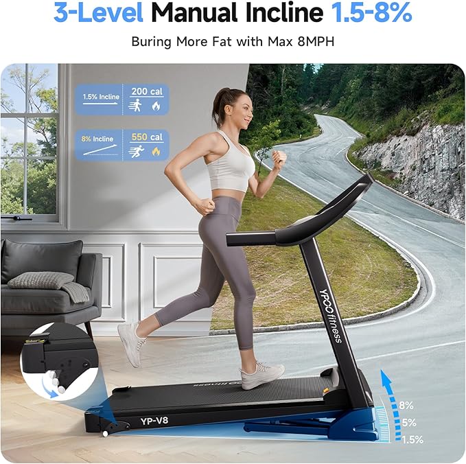 Treadmills for Home with Incline, Auto Foldable Running Treadmills, 8.0 MPH Walking Pad Treadmill with Bluetooth, 300 lbs Weight Capacity Quiet