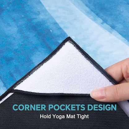 QiyI Yoga Mat Towel with Corner Pockets, Non Slip Sweat Absorbent Hot Yoga Towels, Soft Yoga Blankets with Travel Bag, Skidless Mat Cover for Workout, Gym, Fitness - 70"x26", Blue Tie Dye