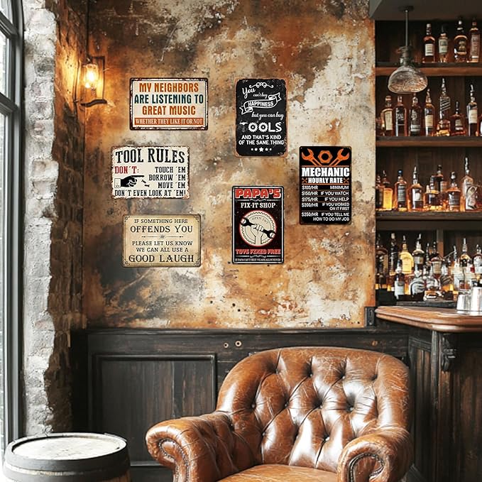 Garage Signs for Men Mechanic Shop Decor Funny Tool Rule Metal Tin Signs for Dad Garage Gifts Grandpa Workshop Wall Decor 8x12 Inch