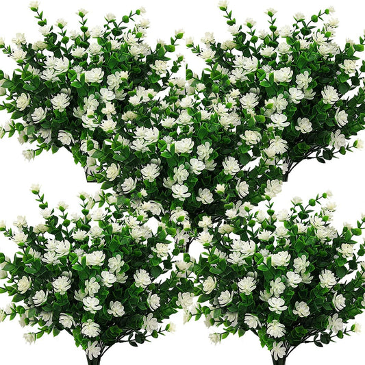 10 Bundles Artificial Fake Flowers, Faux Outdoor Plastic Plants UV Resistant Shrubs Outside Indoor Decorations (White-Eucalyptus)