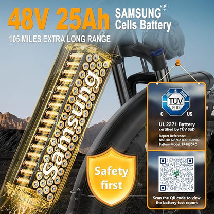 FREESKY Electric Bike for Adults,105mile Long Range Ebike, 2000W Motor 37MPH Fast Step-Thru E Bike 25Ah Samsung Cells Battery Full Suspension Electric Dirt Bicycle 26'' Fat Tire for Commuter Mountains