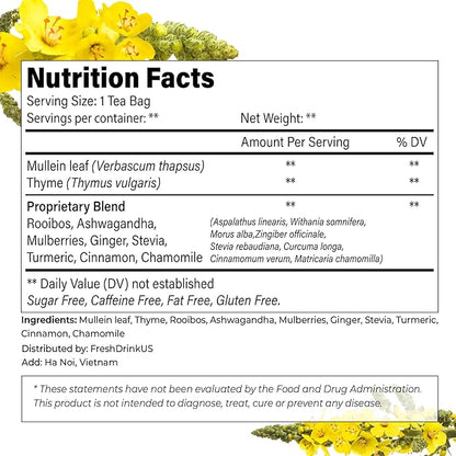 FreshDrinkUS, StrongerLungs 75 Tea Bags - Mullein Leaf, Ginseng, Elderberry, Ginger & Thyme - Supports Lung Cleanse, Congestion Relief & Mucus Detox - Caffeine-Free & All-Natural