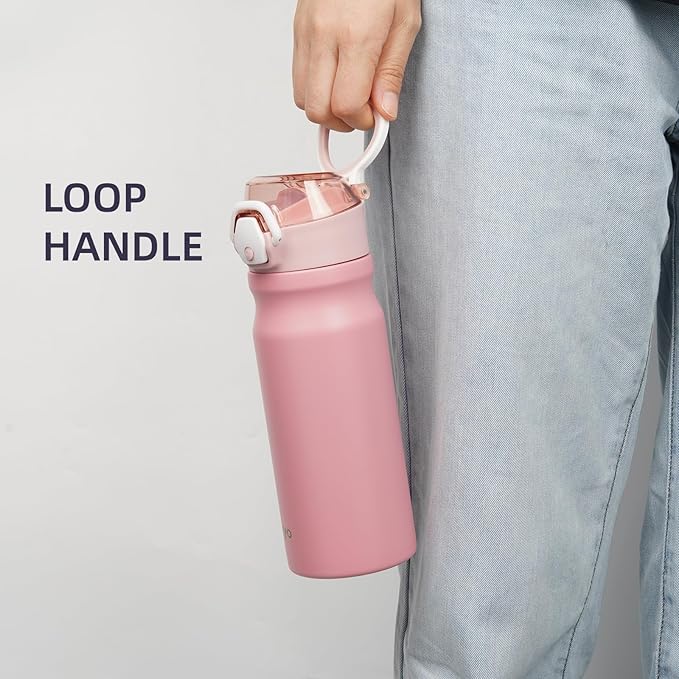 Insulated Water Bottle with Straw and Carry Loop,18 oz Stainless Steel Double Wall Vaccum Metal Water Flask with Leak-proof Lid,Pink