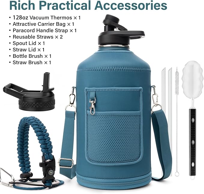 1 Gallon Water Bottle Insulated | Thickened Stainless Steel Vacuum Metal Water Jug | Portable Sports Large for Gym and Hiking with Straw, Carrier Bag, Handle Strap | BPA-Free 128 oz