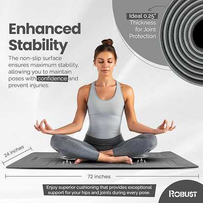 Robust Non-Slip Yoga Mat with Strap, 1/4" Thick TPE Eco-Friendly Workout Mat for Yoga with Position Lines and Texture Surface, Gym Mat for Women, Men, Pilates and Exercises Anti-Tear Sweat-Proof Exercise Mat