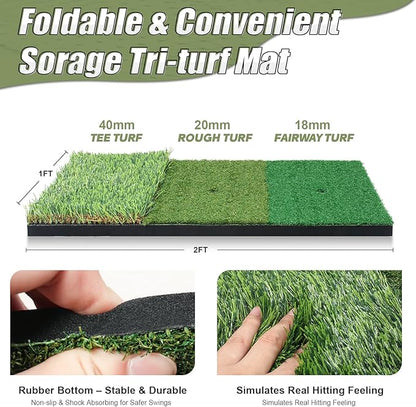 10x7FT Golf Practice Net for Backyard Indoor Outdoor Training, Golf Hitting Net with 3-Color Turf Mat, 5 Golf Balls and Tee, Perfect for Driving, Chipping and Swing Practice