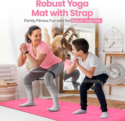 Robust Non-Slip Yoga Mat with Strap, 1/4" Thick TPE Eco-Friendly Workout Mat for Yoga with Position Lines and Texture Surface, Gym Mat for Women, Men, Pilates and Exercises Anti-Tear Sweat-Proof Exercise Mat