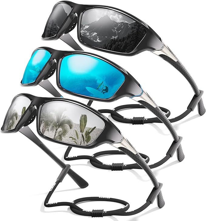 3 Pack Polarized Sports Sunglasses for Men, Mens Sunglasses Wrap Around UV400 Protection for Cycling Fishing Driving