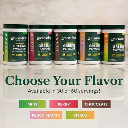 Greens First Original Greens Powder - 49 Superfoods - Organic Fruits & Veggies - Prebiotics, Probiotics & Digestive Enzymes - Antioxidant Smoothie - Dairy Free/Vegan/Non-GMO (Citrus, 60 Servings)