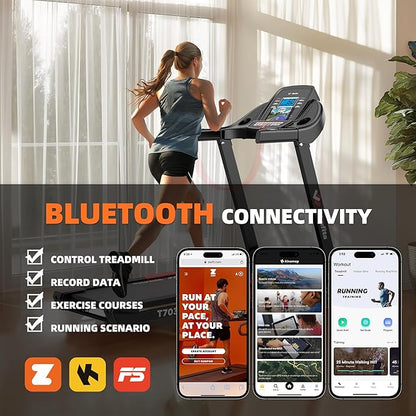 Treadmill with Incline, 300 LBS Capacity, 8 MPH or 10 MPH Speed, Bluetooth, App, Pause Function, Folding Treadmills for Home with 64 Programs, 17'' or 18'' Wide Belt, Heart Rate, BMI Detector