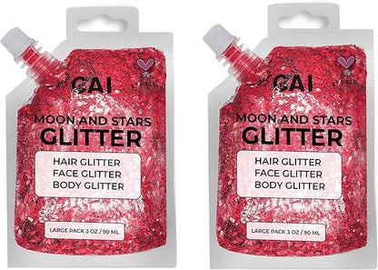 Hair Glitter Gel – Body Glitter for Kids and Women – Iridescent Holograph Cosmetic-Grade Gel w/Moon & Stars for Hair, Body & Face, Applies Smoothly w/o Glue & Washes Off Easily, 3 Oz - Red 2Pack