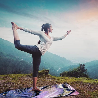 QiyI Yoga Mat Towel with Corner Pockets, Non Slip Sweat Absorbent Hot Yoga Towels, Soft Yoga Blankets with Travel Bag, Skidless Mat Cover for Workout, Gym, Fitness - 70"x26", Purple Gold Marble