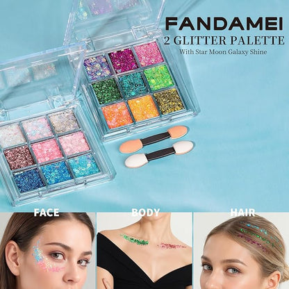 FANDAMEI 18-Color Face Glitter, Body Glitter Hair Glitter for Glitter Makeup, 2 PCS Glitter Gel 6 Color Themes, Chunky Glitter for Kids Women, Halloween Rave Concert Face Paint