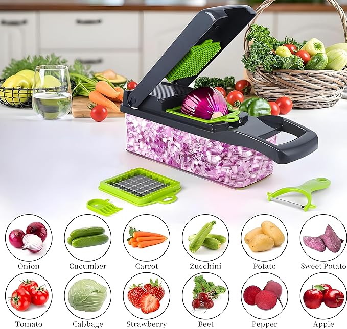 16-in-1 Vegetable Chopper & Slicer | Stainless Steel Mandoline Cutter with Onion Dicer, Grater, Spiralizer, Julienne Blades | Multifunctional & Manual Kitchen Tool I Lightweight & Easy To Use