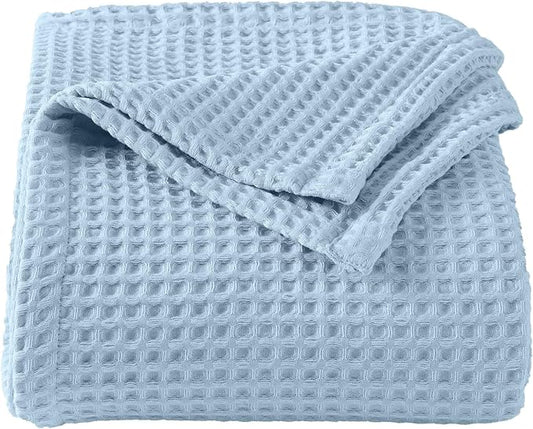 100% Cotton Waffle Weave Queen Bed Blanket | Soft, Breathable, and Lightweight Blanket for All-Seasons | Perfect for Layering | Brielle Collection (King, Sky Blue)