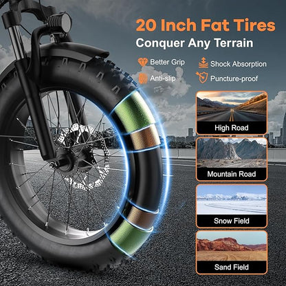 Folding Electric Bike for Adults with Peak 1000W Motor, 48V 20AH Battery up to 30MPH 80 Miles, 20" Fat Tire All Terrain Ebike, Front Suspension 7-Speed Commuter E Bike, Step-Thru, UL Certified