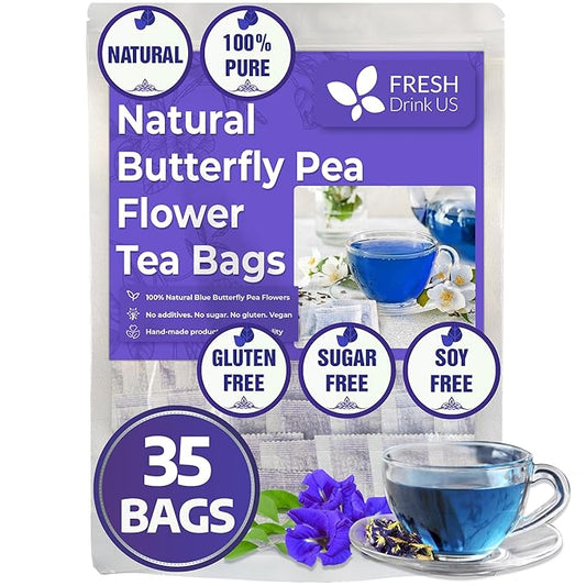 FreshDrinkUS, Premium 35 Butterfly Pea Tea Bags, 100% Natural and Pure from Butterfly Pea Flowers, Hand-made, Made With Natural Materials-Corn Fiber Tea Bag, Sugar/Caffeine/Gluten Free, Vegan