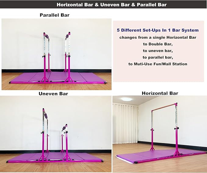Gymnastics Double Horizontal Bars 3Play Parallel Bars Uneven Bars Gymnastics Training Kip Bar with 304 Stainless Steel Regulating Arms & Fiberglass Rail for Indoor Outdoor Home Club Use